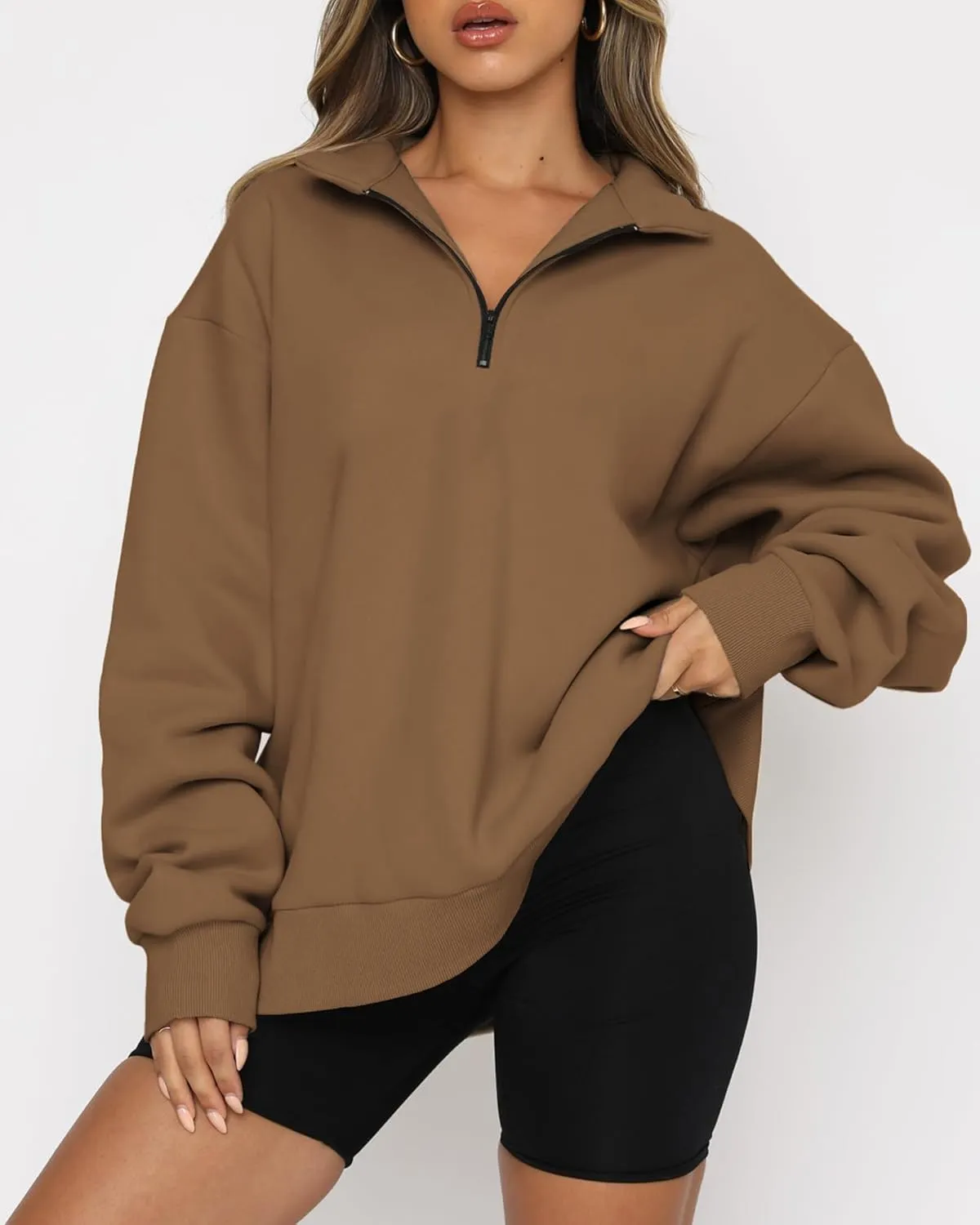 BTFBM Women's Quarter Zip Sweatshirt 2024 Fall Spring Oversized Casual Long Sleeve Workout Pullover Y2K Clothes