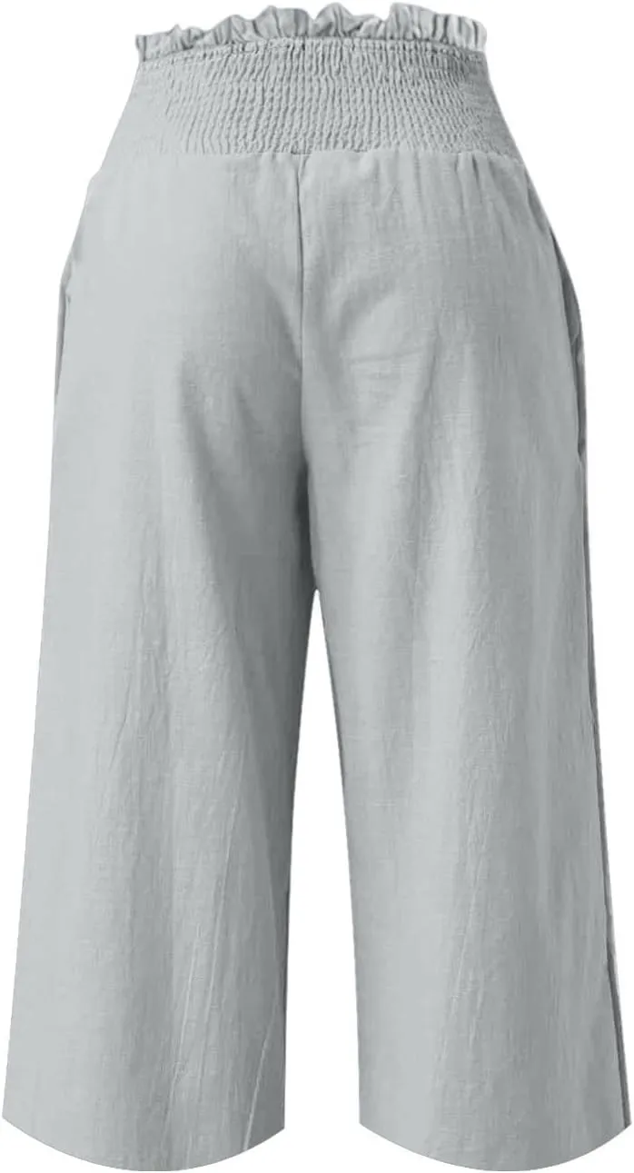 Capri Pants for Women Lightweight Summer High Waisted Wide Leg Palazzo Trousers with Pockets Travel Vacation Outfits
