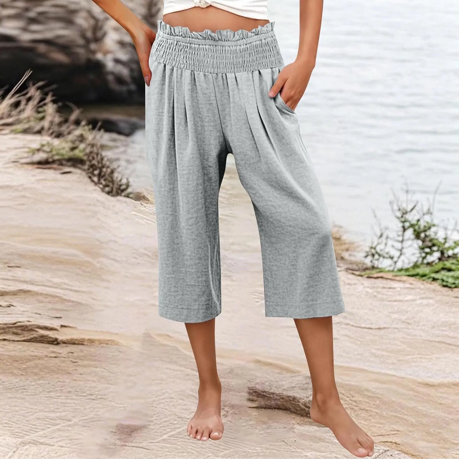 Capri Pants for Women Lightweight Summer High Waisted Wide Leg Palazzo Trousers with Pockets Travel Vacation Outfits
