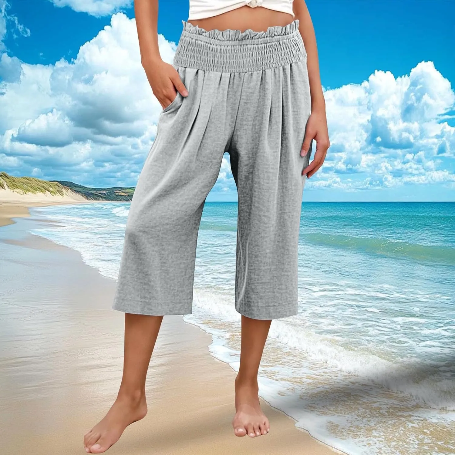 Capri Pants for Women Lightweight Summer High Waisted Wide Leg Palazzo Trousers with Pockets Travel Vacation Outfits