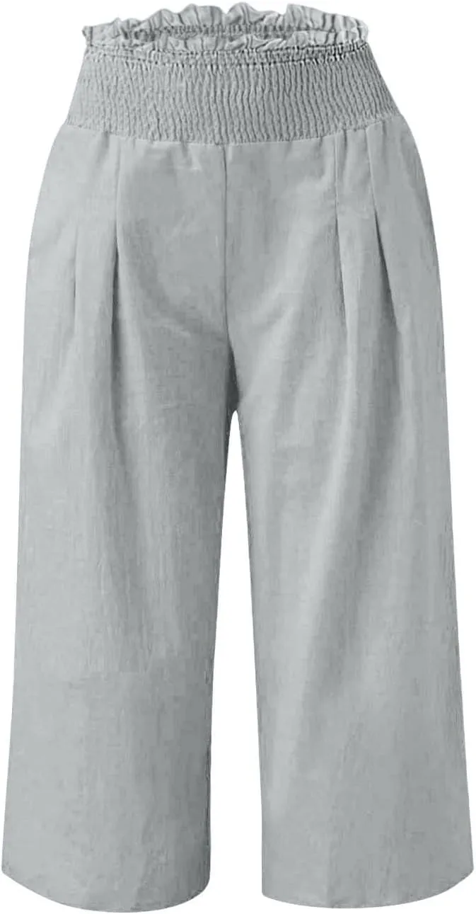 Capri Pants for Women Lightweight Summer High Waisted Wide Leg Palazzo Trousers with Pockets Travel Vacation Outfits