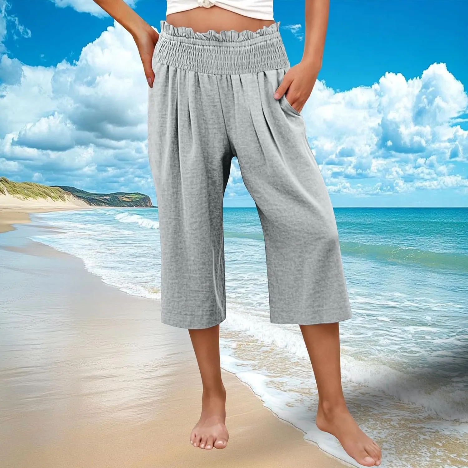 Capri Pants for Women Lightweight Summer High Waisted Wide Leg Palazzo Trousers with Pockets Travel Vacation Outfits