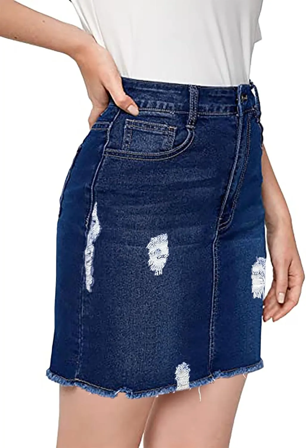 Casual High Waist Jean Skirts for Women Denim Raw Hem Frayed Bodycon Ripped Skirt Stretchy with Pockets