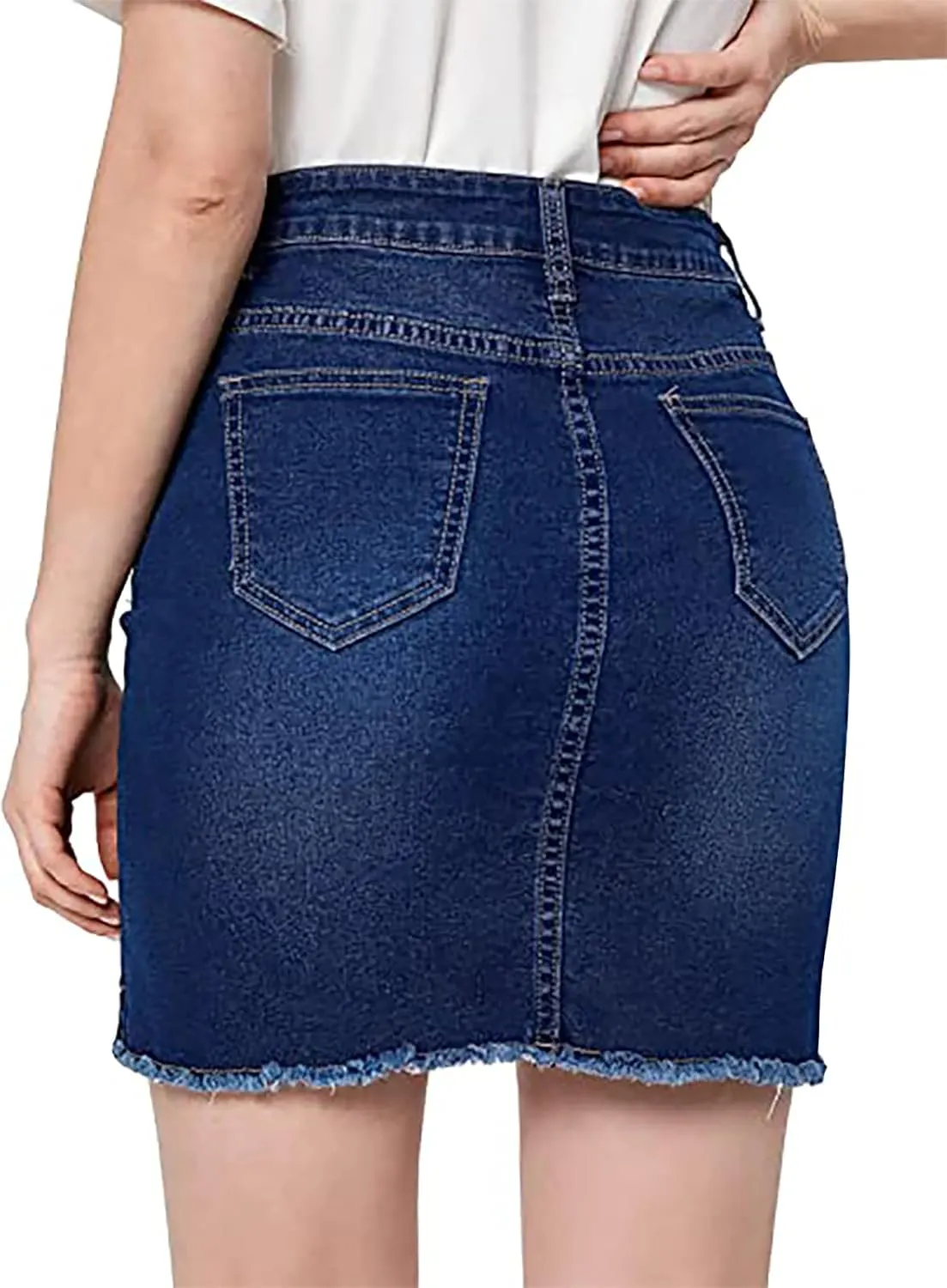 Casual High Waist Jean Skirts for Women Denim Raw Hem Frayed Bodycon Ripped Skirt Stretchy with Pockets