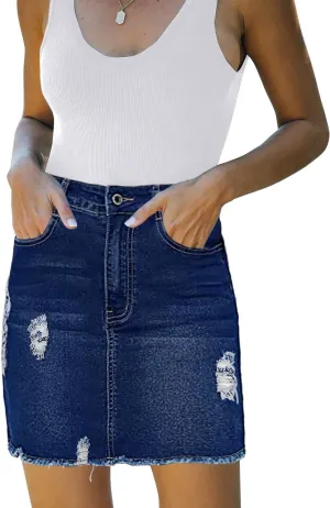 Casual High Waist Jean Skirts for Women Denim Raw Hem Frayed Bodycon Ripped Skirt Stretchy with Pockets