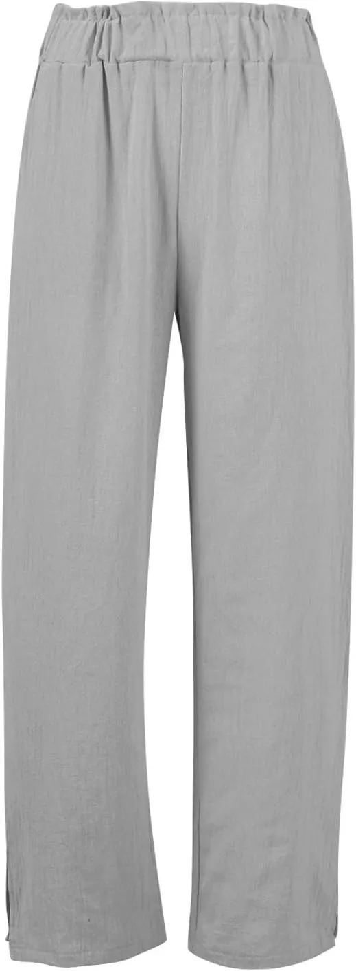 Casual Linen Pants for Women Elastic High Waisted Straight Leg Pants Loose Summer Lounge Dressy Trousers with Pockets