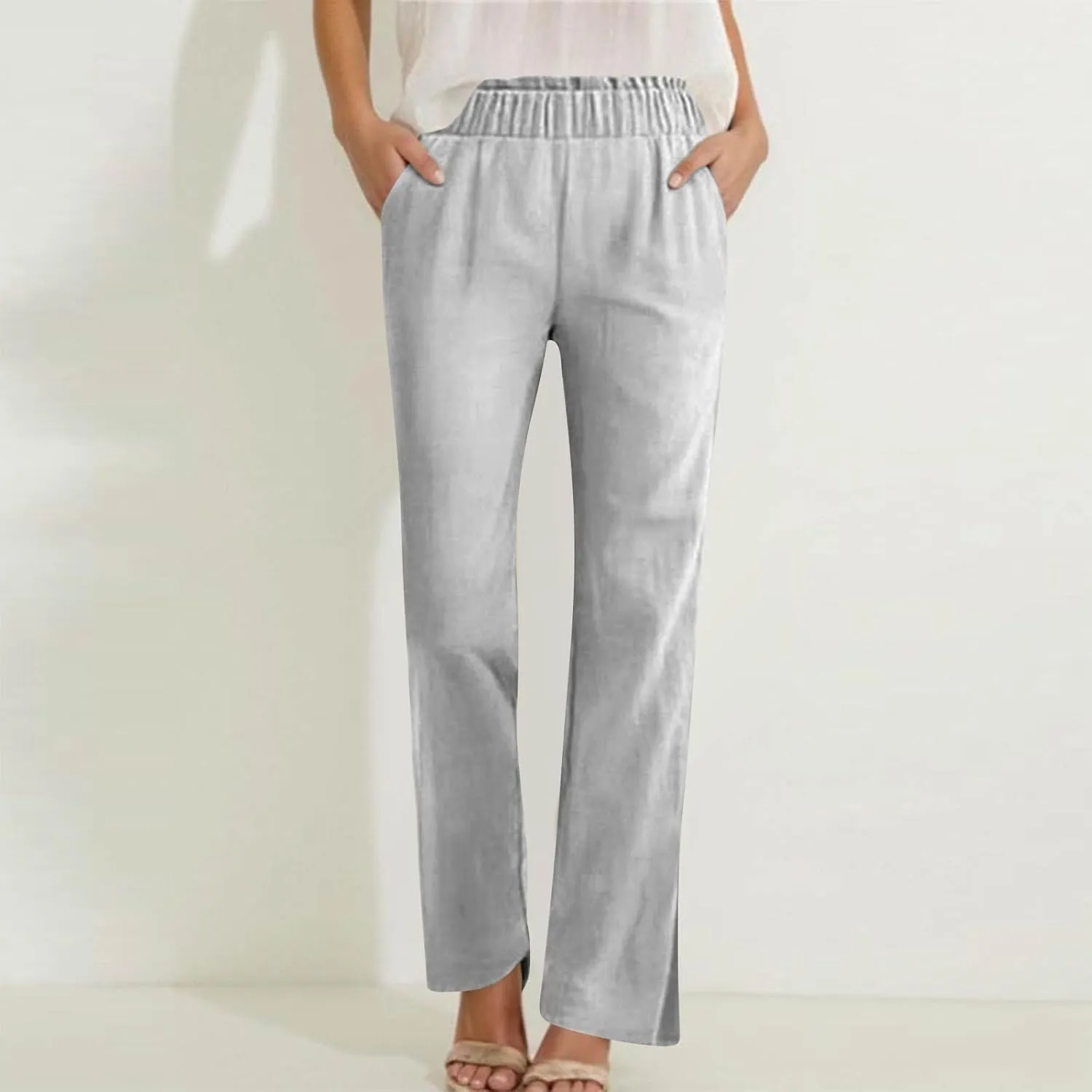 Casual Linen Pants for Women Elastic High Waisted Straight Leg Pants Loose Summer Lounge Dressy Trousers with Pockets