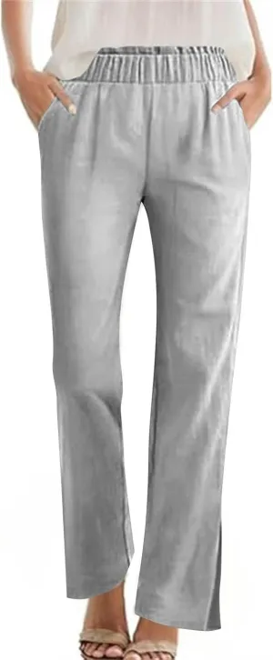 Casual Linen Pants for Women Elastic High Waisted Straight Leg Pants Loose Summer Lounge Dressy Trousers with Pockets