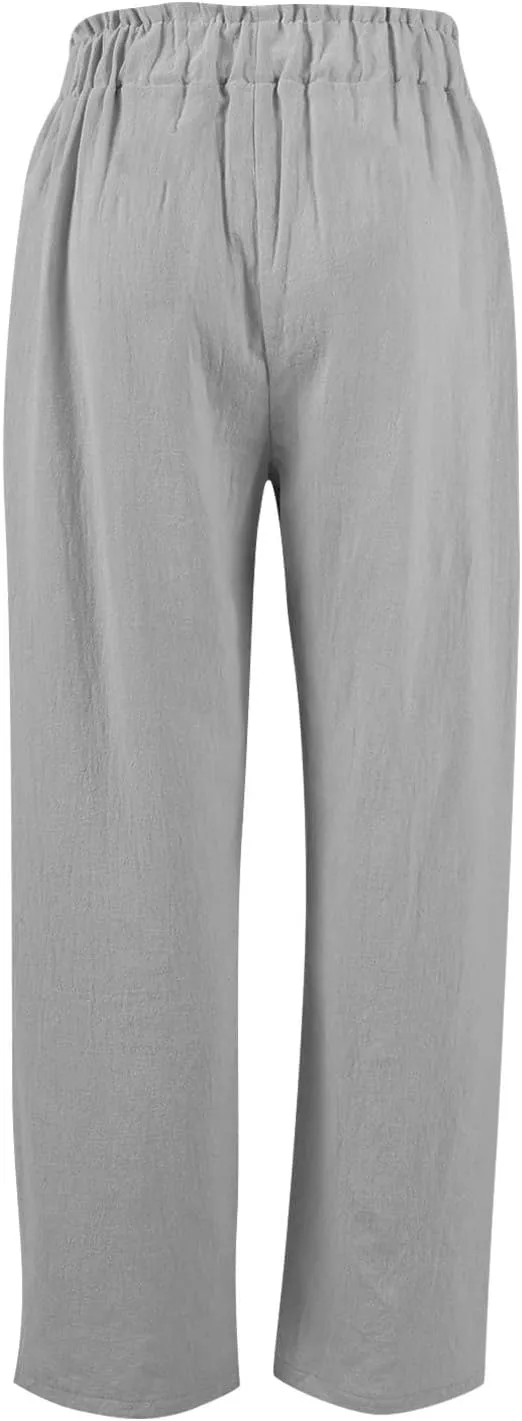 Casual Linen Pants for Women Elastic High Waisted Straight Leg Pants Loose Summer Lounge Dressy Trousers with Pockets