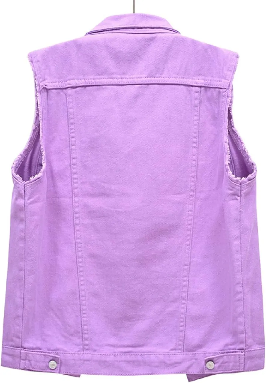 CHARTOU Women's Ripped Lapel Collar Button Up Sleeveless Frayed Denim Vest Jacket