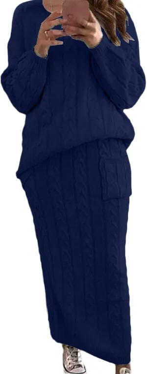 CHARTOU Women's Winter Chunky Cable Knit Long Skirt 2 Piece Outfit Sweater Sets