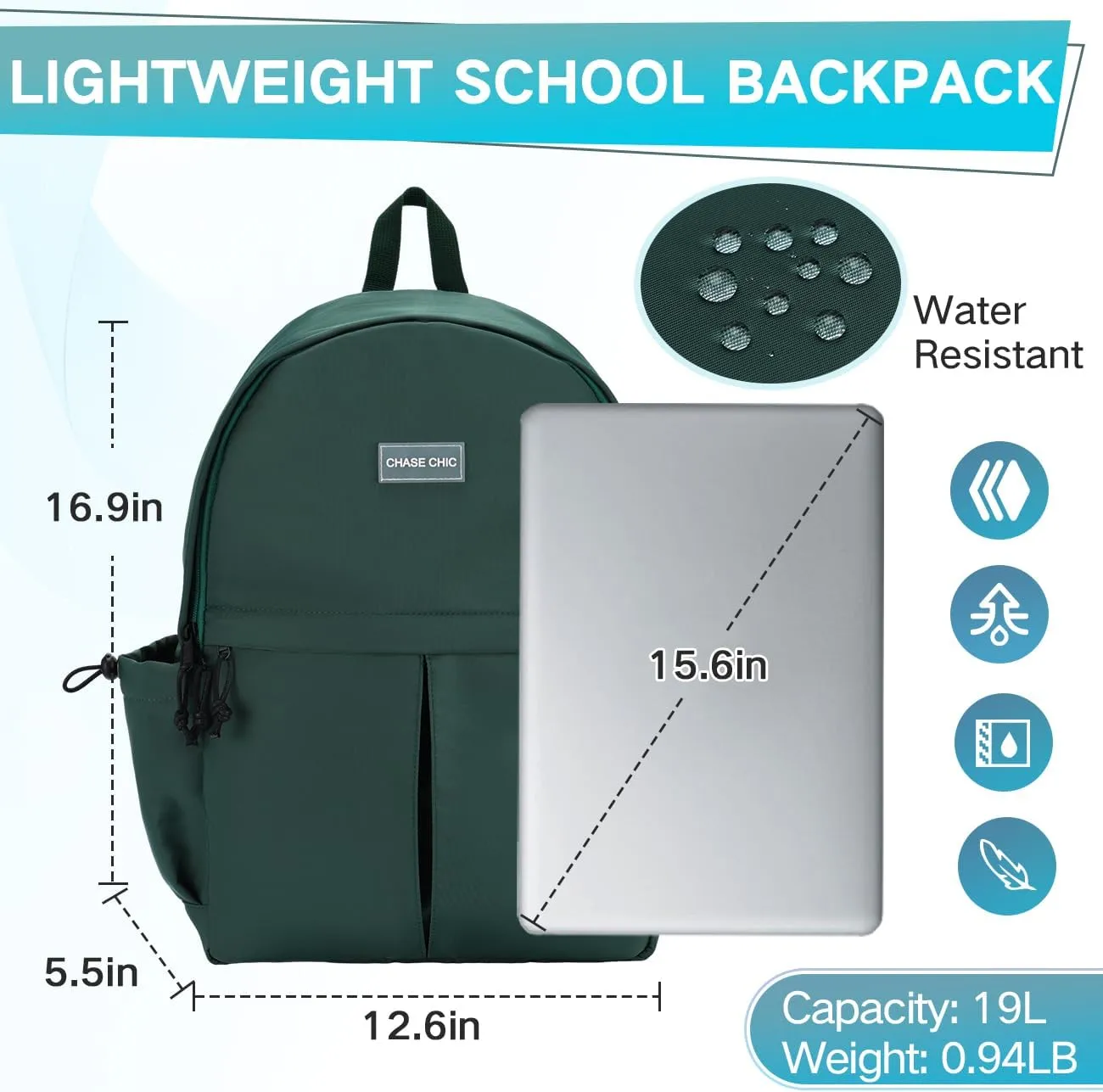 Chase Chic Backpack for Women Men, Lightweight Book Bag for Teens Girls Boys, Casual Daypack 15.6 Inch Backpacks for Travel College, Green