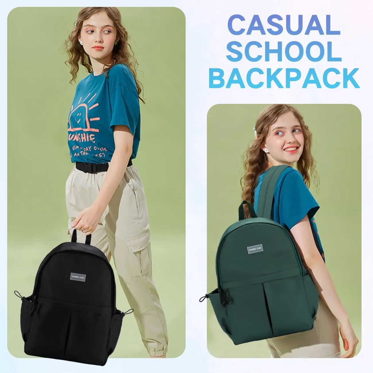 Chase Chic Backpack for Women Men, Lightweight Book Bag for Teens Girls Boys, Casual Daypack 15.6 Inch Backpacks for Travel College, Green
