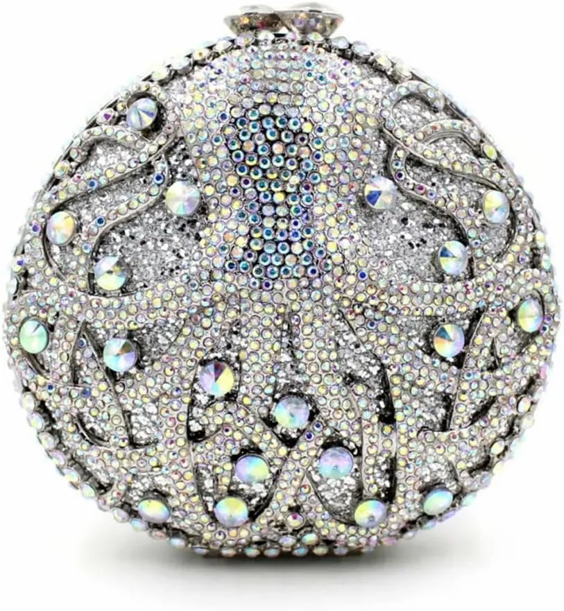 Chic Women Octopus Clutch Round Purse Mini Crystal Evening Bag Animal Diamonds Clutch for Prom Cocktail Party