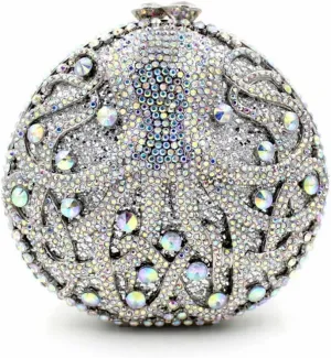 Chic Women Octopus Clutch Round Purse Mini Crystal Evening Bag Animal Diamonds Clutch for Prom Cocktail Party