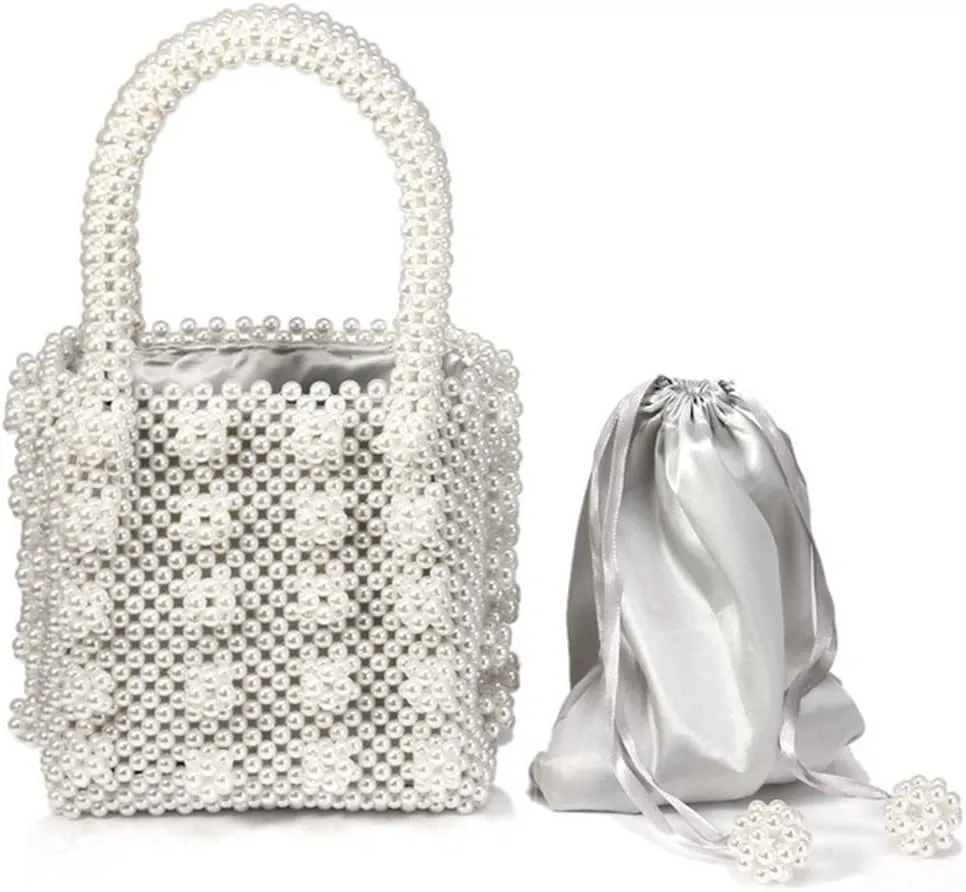 Chic Women's Beaded Purse Basket Handbag Pearl Purse Pearl Clutch for Lady Tote Bag Party Wedding Casual Ivory