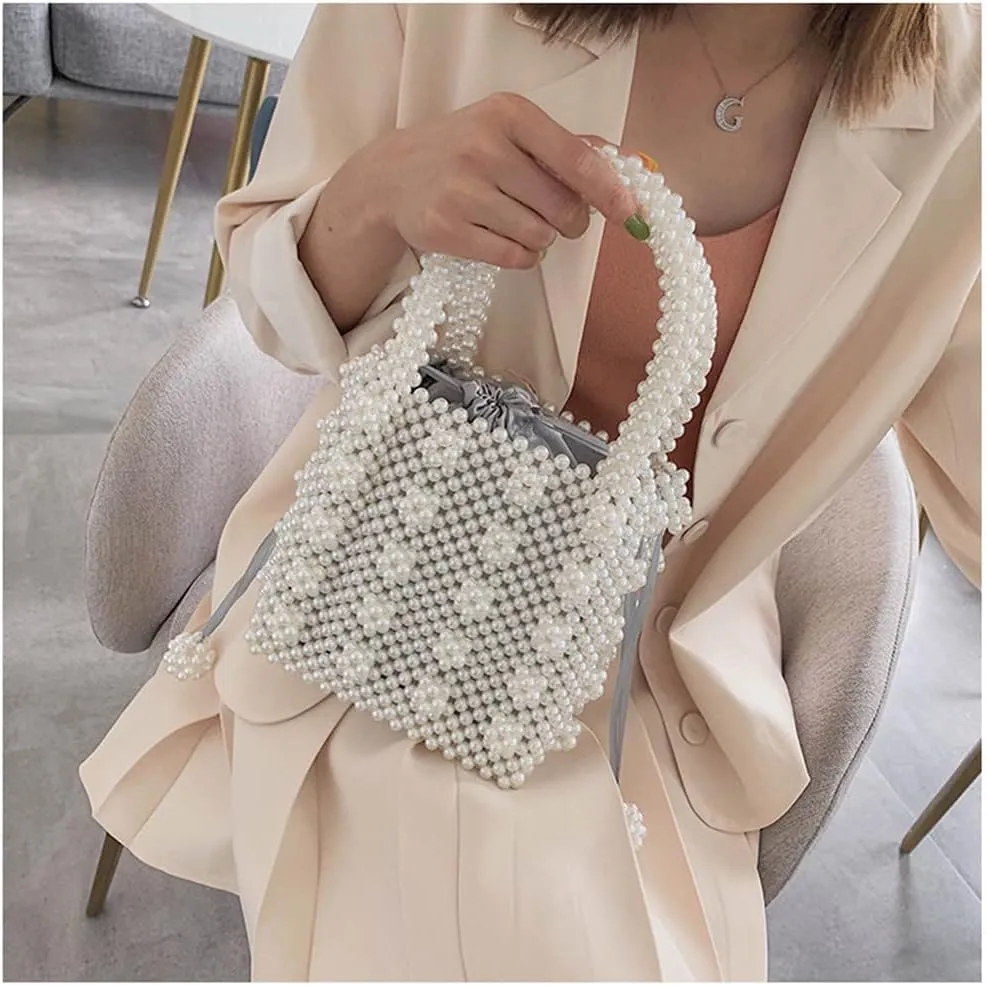 Chic Women's Beaded Purse Basket Handbag Pearl Purse Pearl Clutch for Lady Tote Bag Party Wedding Casual Ivory