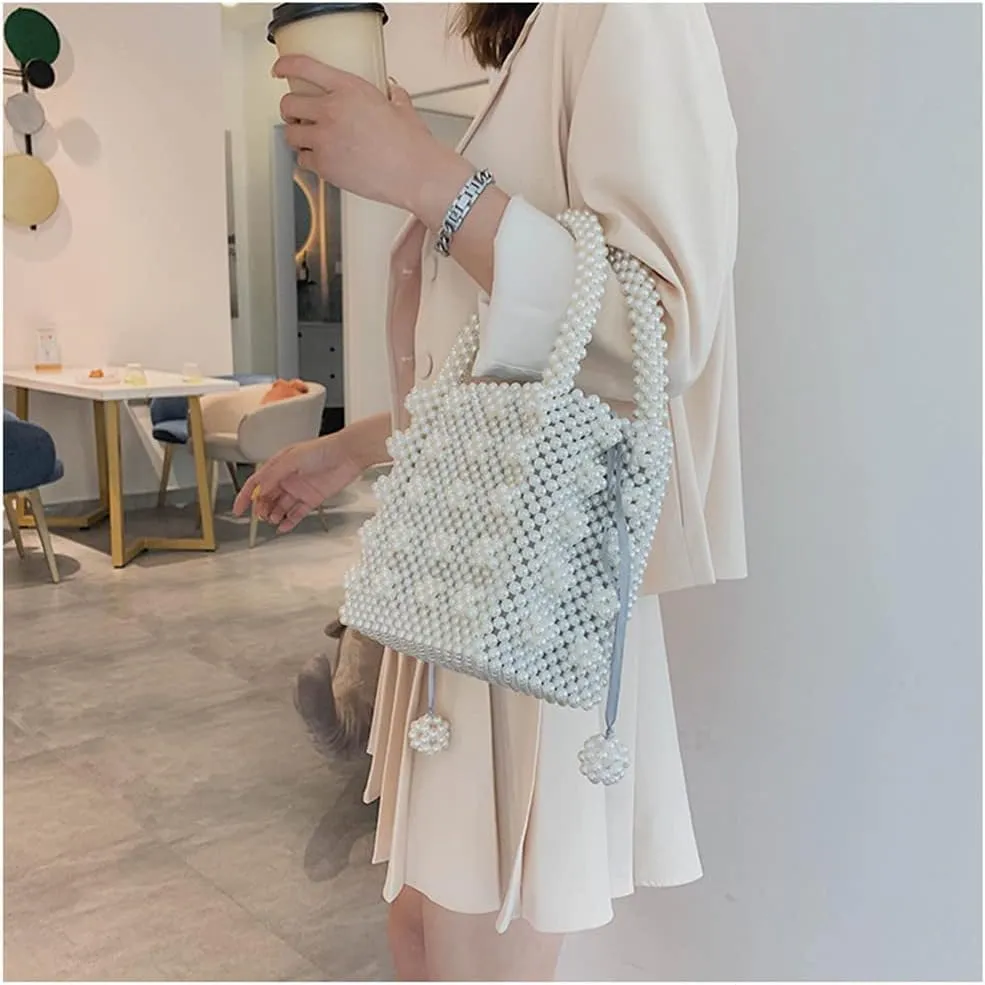 Chic Women's Beaded Purse Basket Handbag Pearl Purse Pearl Clutch for Lady Tote Bag Party Wedding Casual Ivory