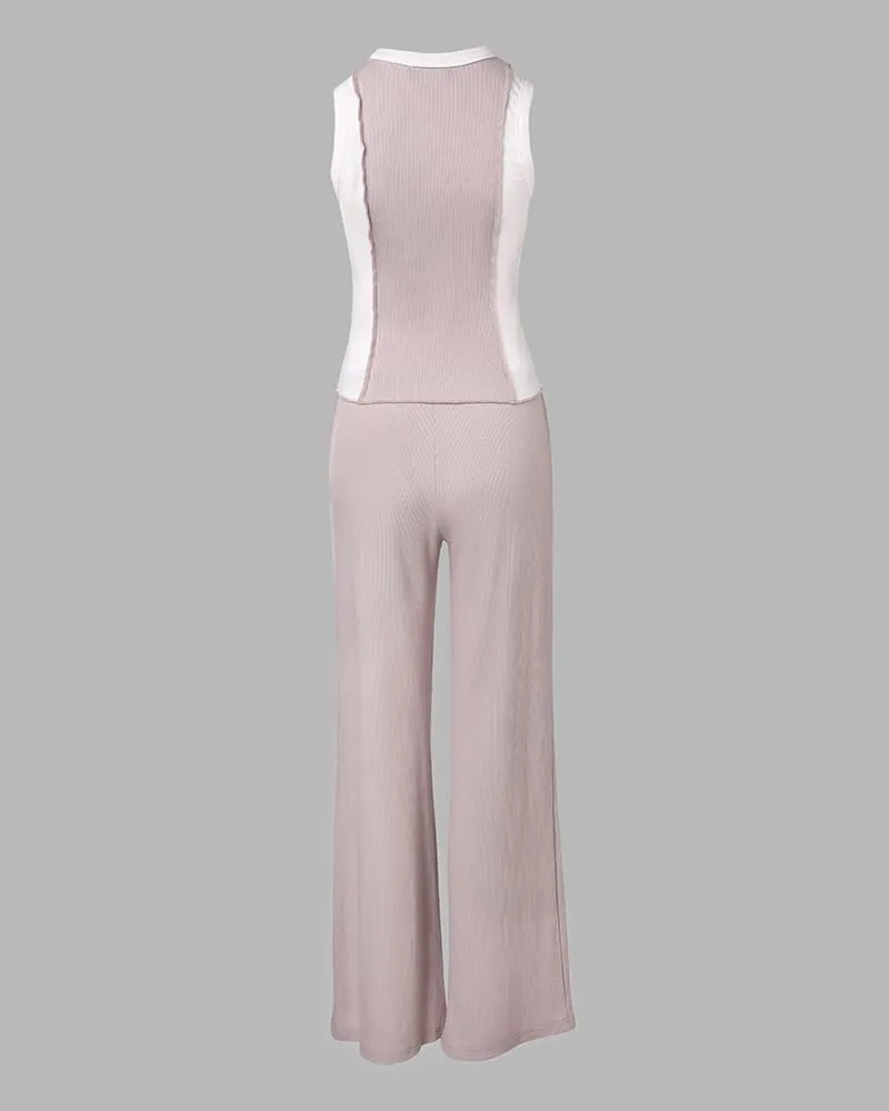 CHICME Womens 2 Piece Outfits Casual Slim Fit Tank Tops Elastic Waist Wide Leg Pants Ribbed Tracksuits