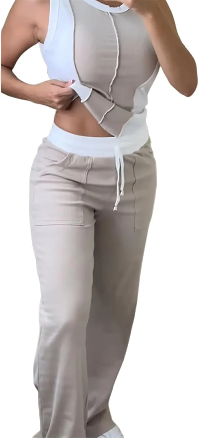 CHICME Womens 2 Piece Outfits Casual Slim Fit Tank Tops Elastic Waist Wide Leg Pants Ribbed Tracksuits