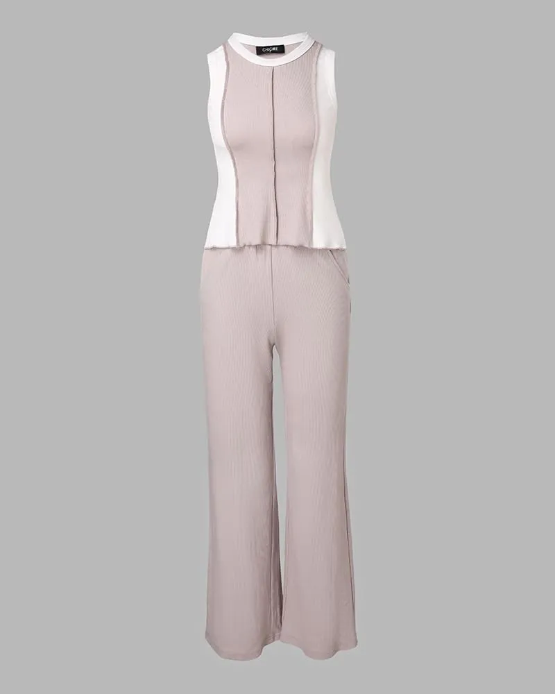 CHICME Womens 2 Piece Outfits Casual Slim Fit Tank Tops Elastic Waist Wide Leg Pants Ribbed Tracksuits