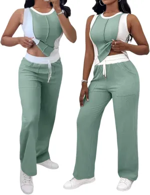 CHICME Womens 2 Piece Outfits Casual Slim Fit Tank Tops Elastic Waist Wide Leg Pants Ribbed Tracksuits
