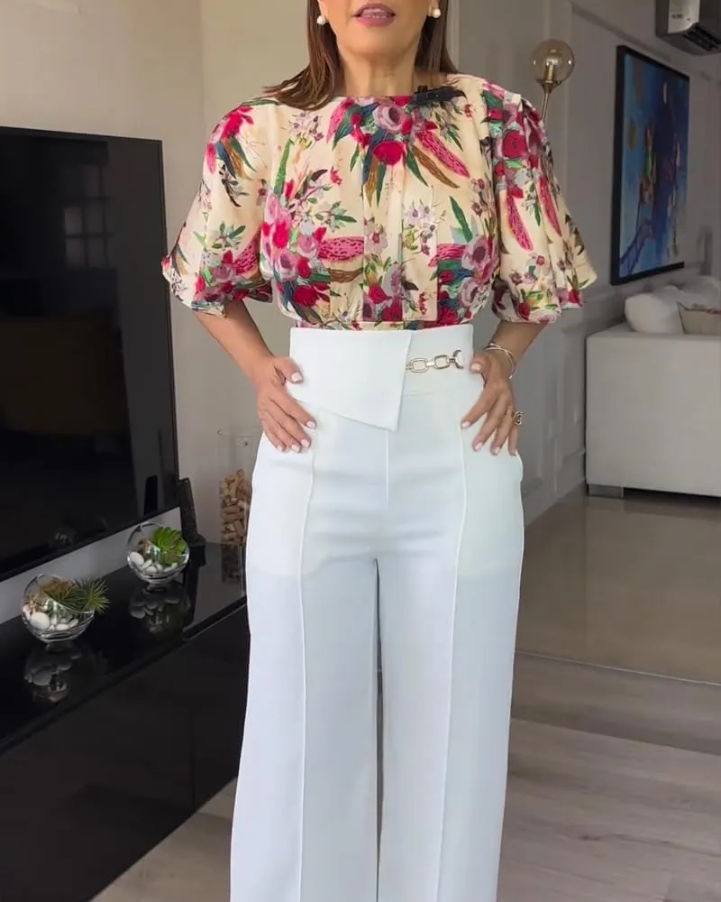 CHICME Womens Summer 2 Piece Outfit Bell Sleeves Floral Blouse with High Waist Pants Set Party Outfits