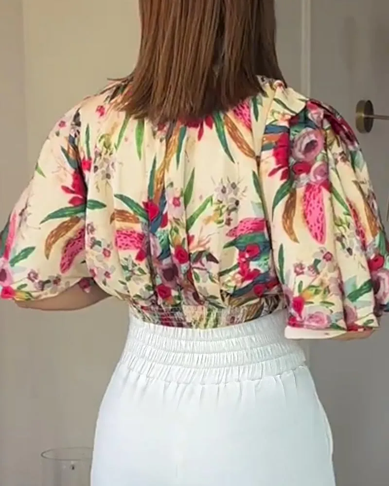 CHICME Womens Summer 2 Piece Outfit Bell Sleeves Floral Blouse with High Waist Pants Set Party Outfits