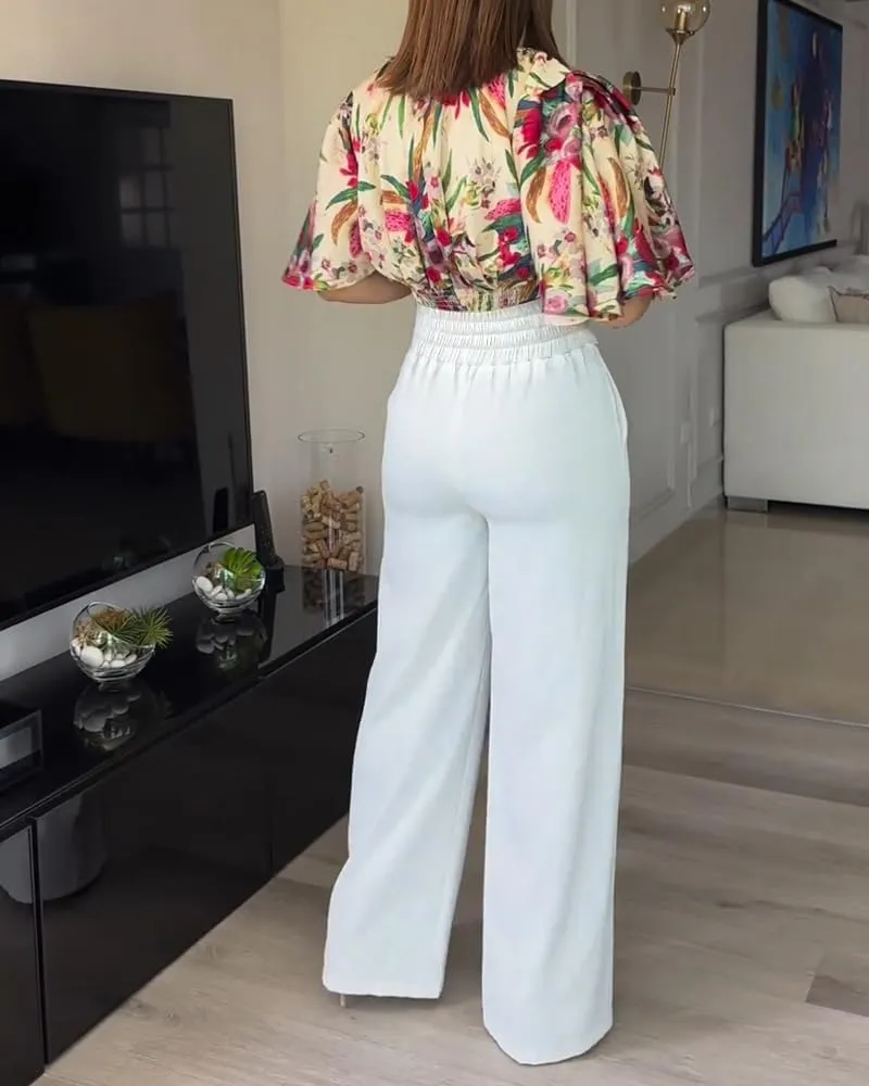 CHICME Womens Summer 2 Piece Outfit Bell Sleeves Floral Blouse with High Waist Pants Set Party Outfits
