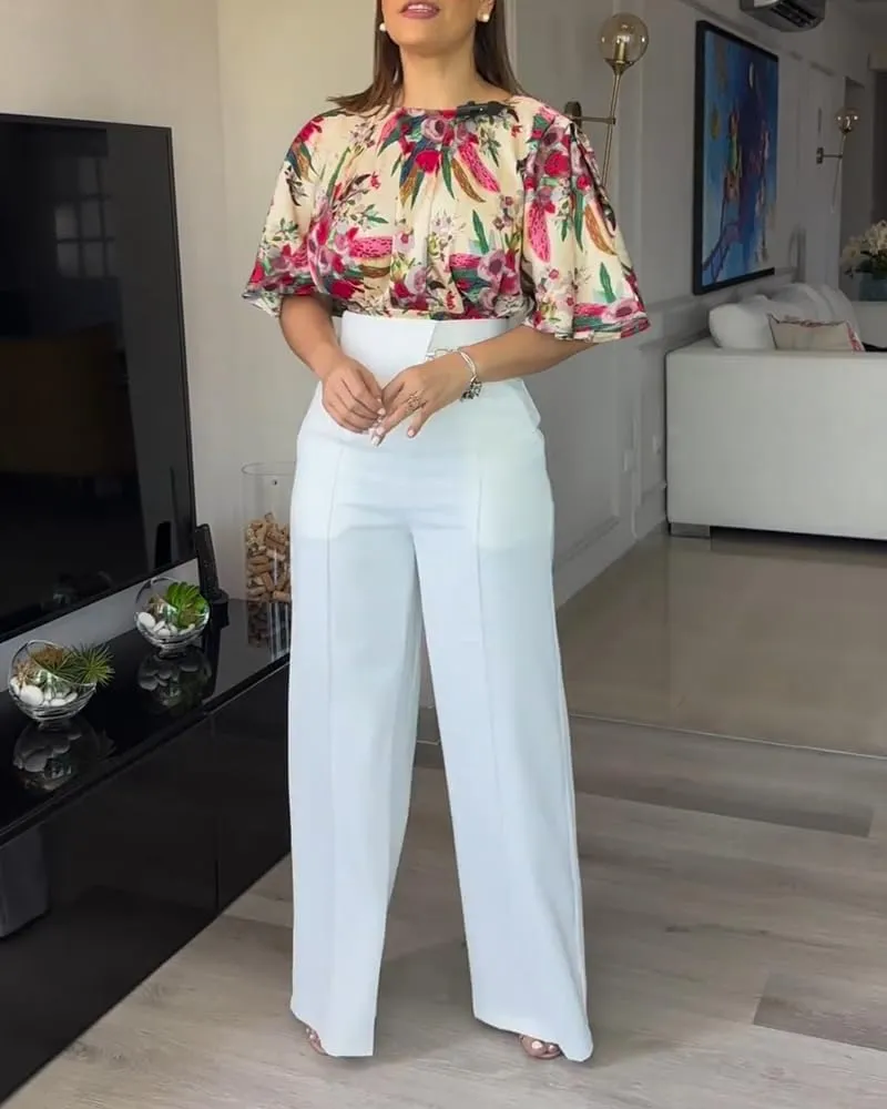 CHICME Womens Summer 2 Piece Outfit Bell Sleeves Floral Blouse with High Waist Pants Set Party Outfits