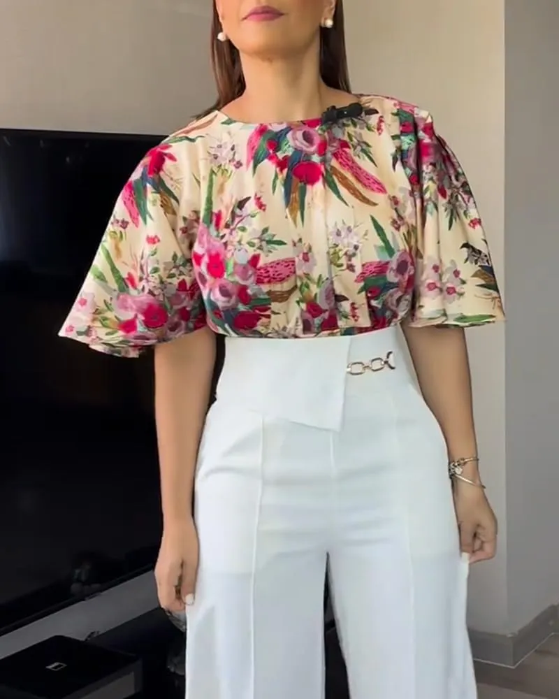 CHICME Womens Summer 2 Piece Outfit Bell Sleeves Floral Blouse with High Waist Pants Set Party Outfits
