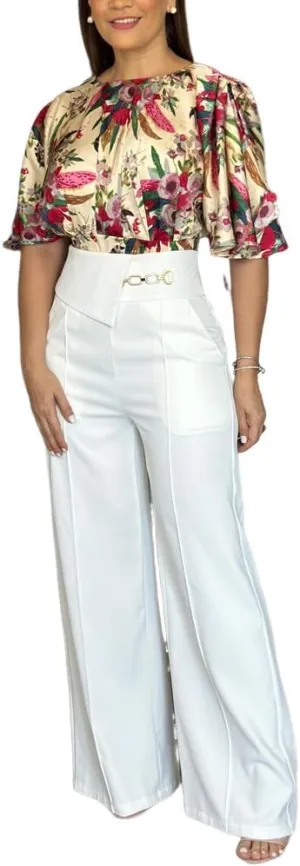 CHICME Womens Summer 2 Piece Outfit Bell Sleeves Floral Blouse with High Waist Pants Set Party Outfits