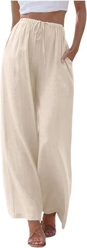 Cotton Linen Pants for Women Flowy Summer Pants Wide Leg Beach Trousers with Pockets