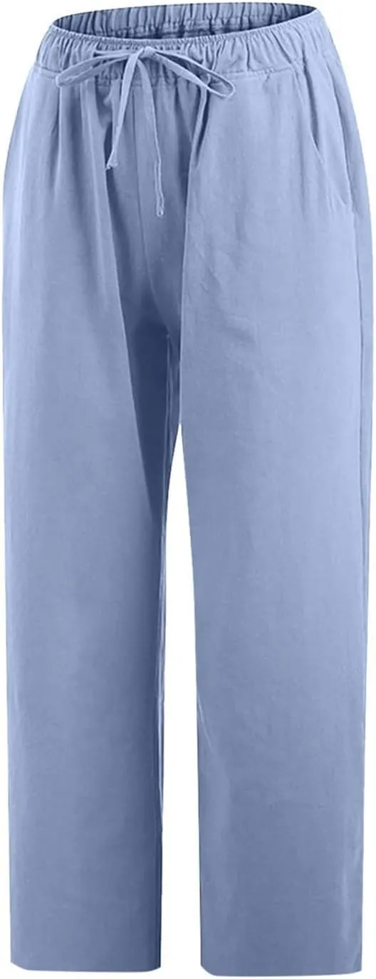 Cotton Linen Pants for Women High Waisted Wide Leg Capris Summer Casual Elastic Drawstring Cropped Trouseres 2025