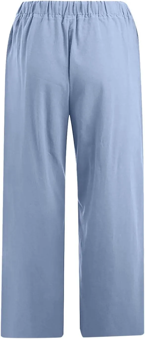 Cotton Linen Pants for Women High Waisted Wide Leg Capris Summer Casual Elastic Drawstring Cropped Trouseres 2025