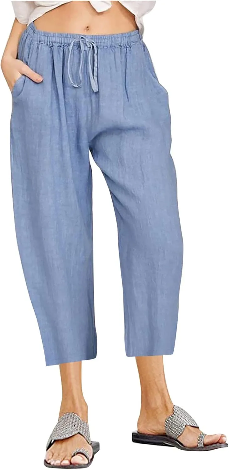 Cotton Linen Pants for Women High Waisted Wide Leg Capris Summer Casual Elastic Drawstring Cropped Trouseres 2025