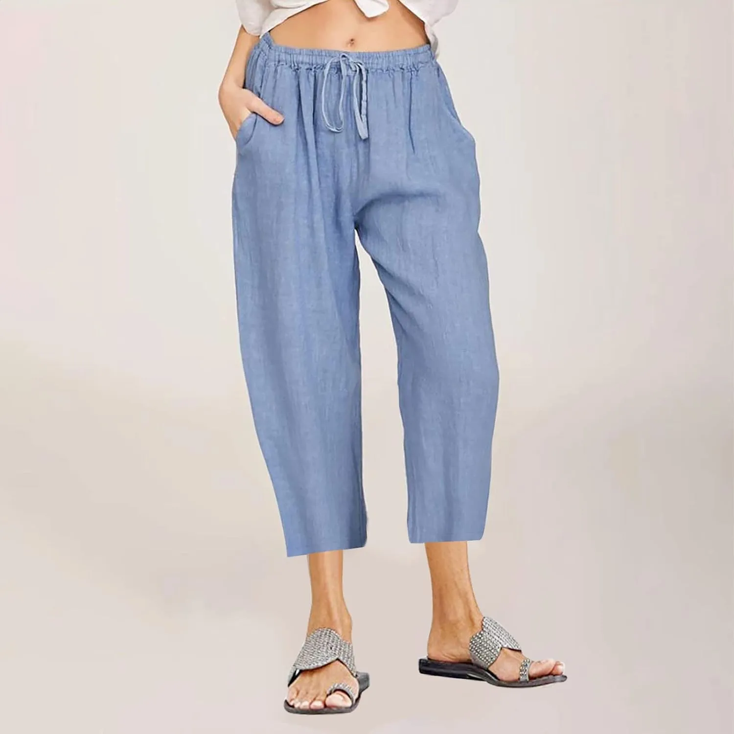 Cotton Linen Pants for Women High Waisted Wide Leg Capris Summer Casual Elastic Drawstring Cropped Trouseres 2025