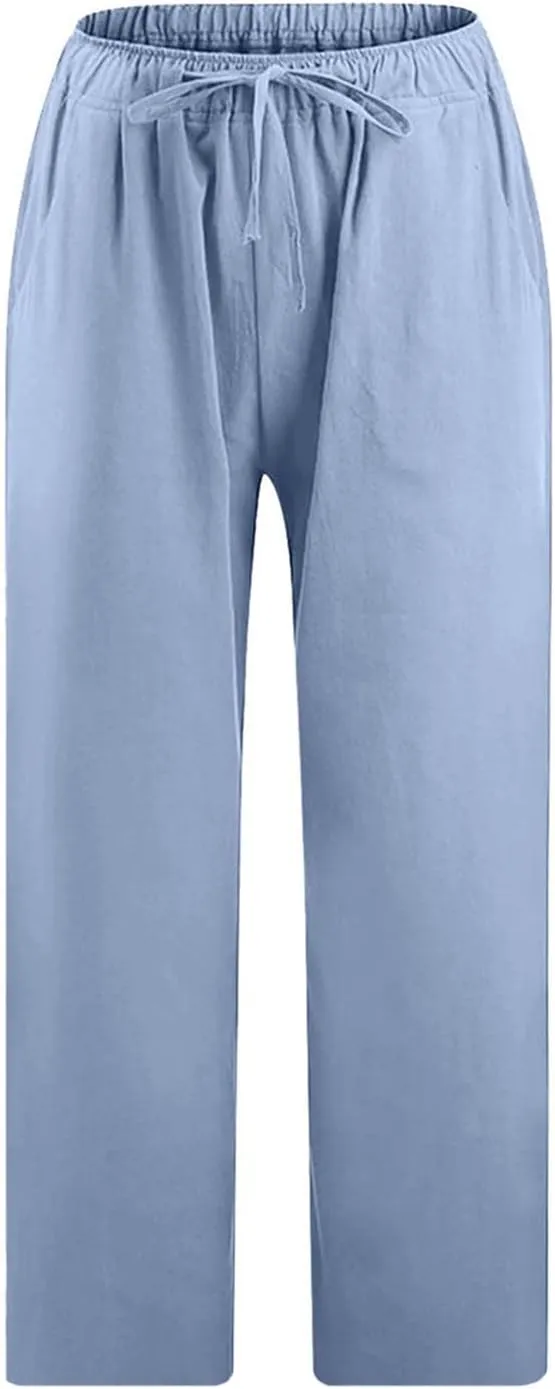 Cotton Linen Pants for Women High Waisted Wide Leg Capris Summer Casual Elastic Drawstring Cropped Trouseres 2025