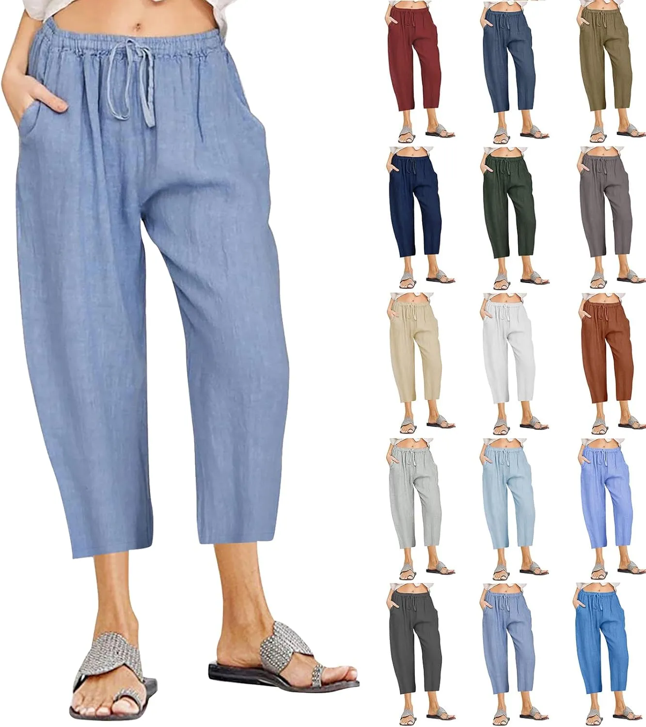 Cotton Linen Pants for Women High Waisted Wide Leg Capris Summer Casual Elastic Drawstring Cropped Trouseres 2025