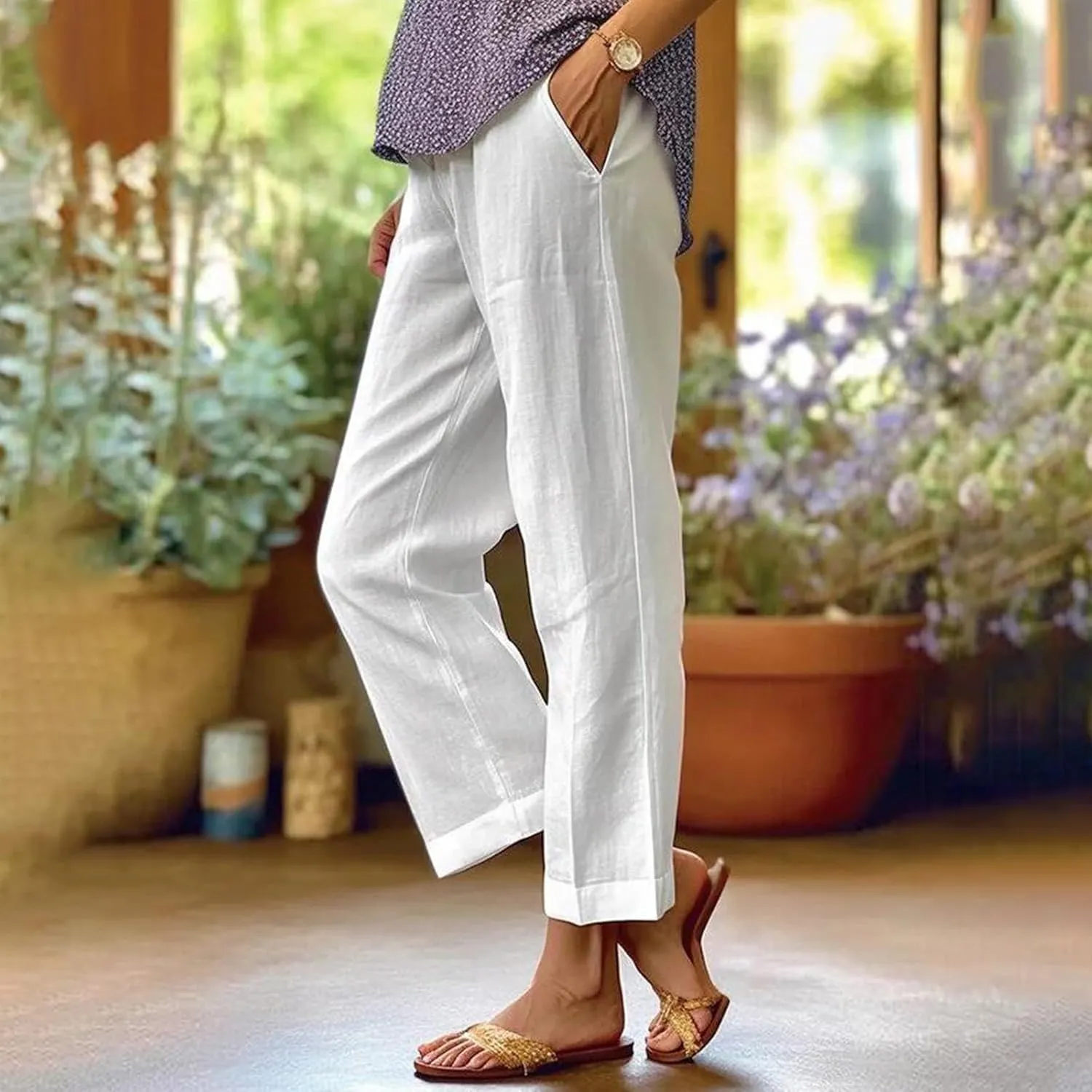Cropped Linen Pants Women Summer Plus Size Straight Leg Crop Pants Elastic Waist Casual Beach Trousers with Pockets