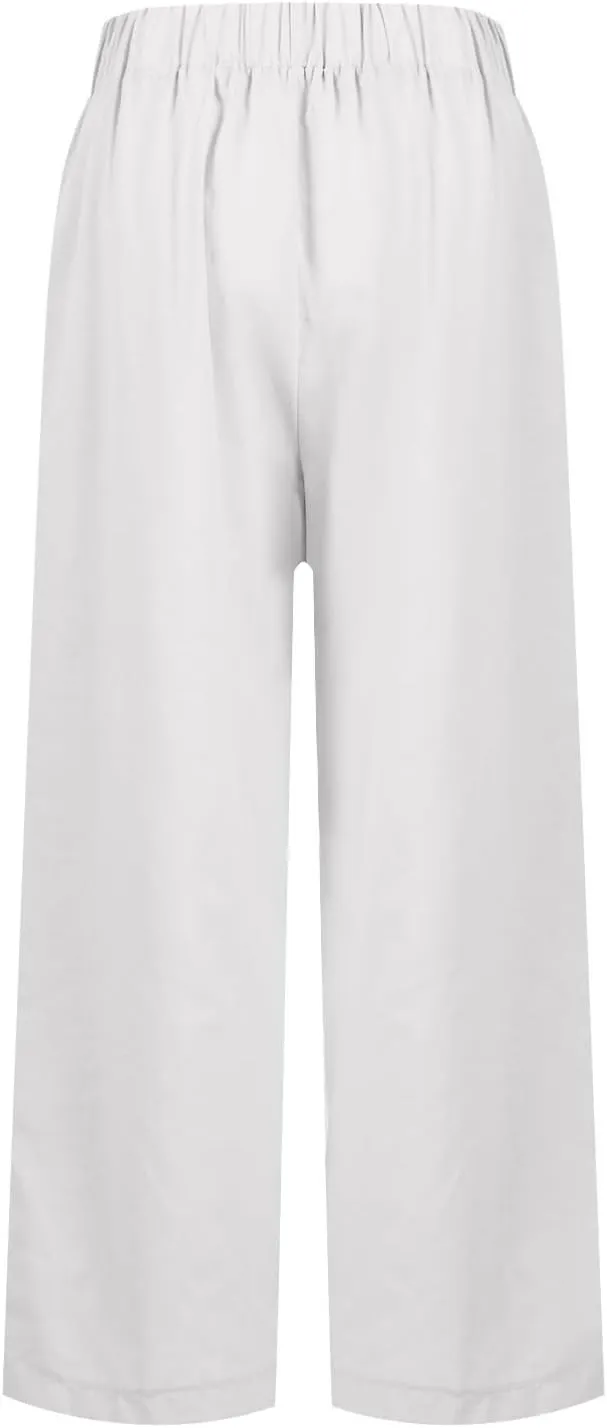 Cropped Linen Pants Women Summer Plus Size Straight Leg Crop Pants Elastic Waist Casual Beach Trousers with Pockets