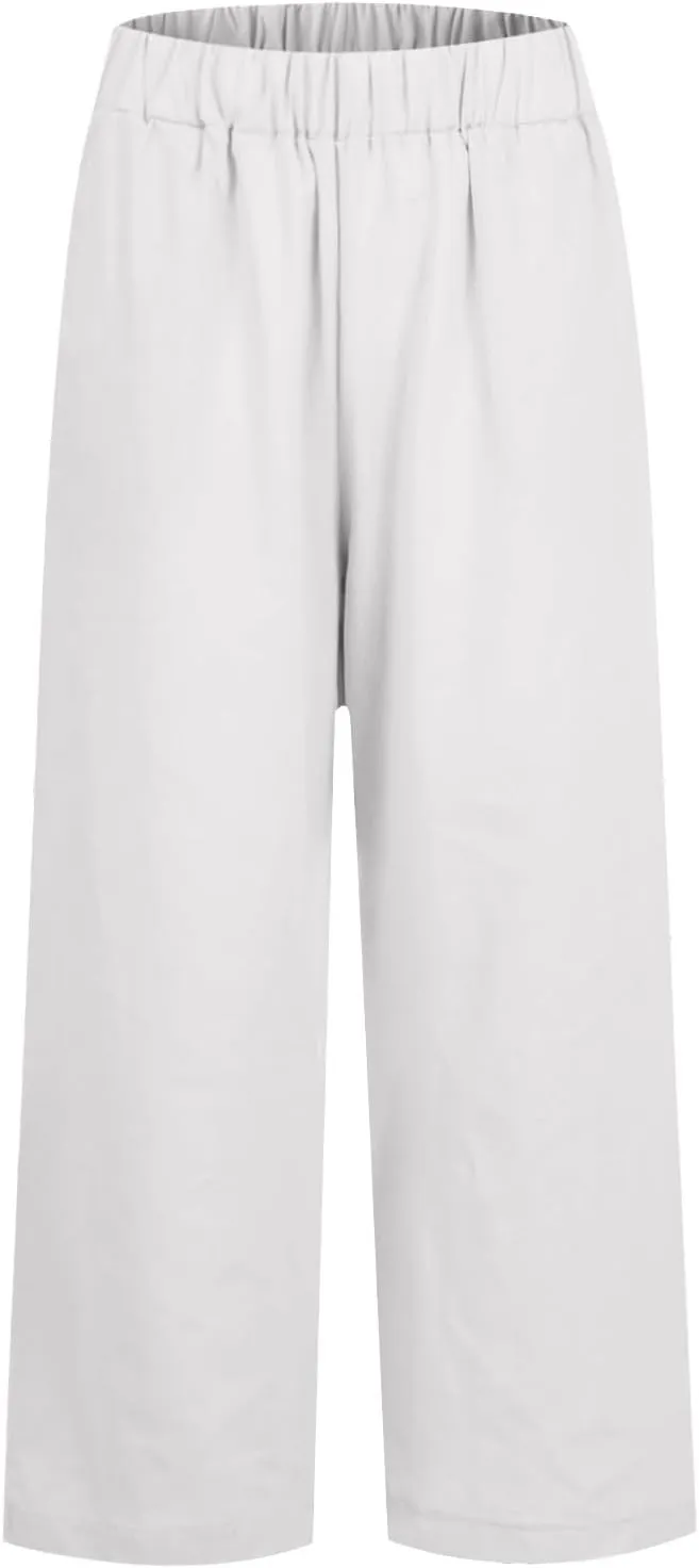 Cropped Linen Pants Women Summer Plus Size Straight Leg Crop Pants Elastic Waist Casual Beach Trousers with Pockets