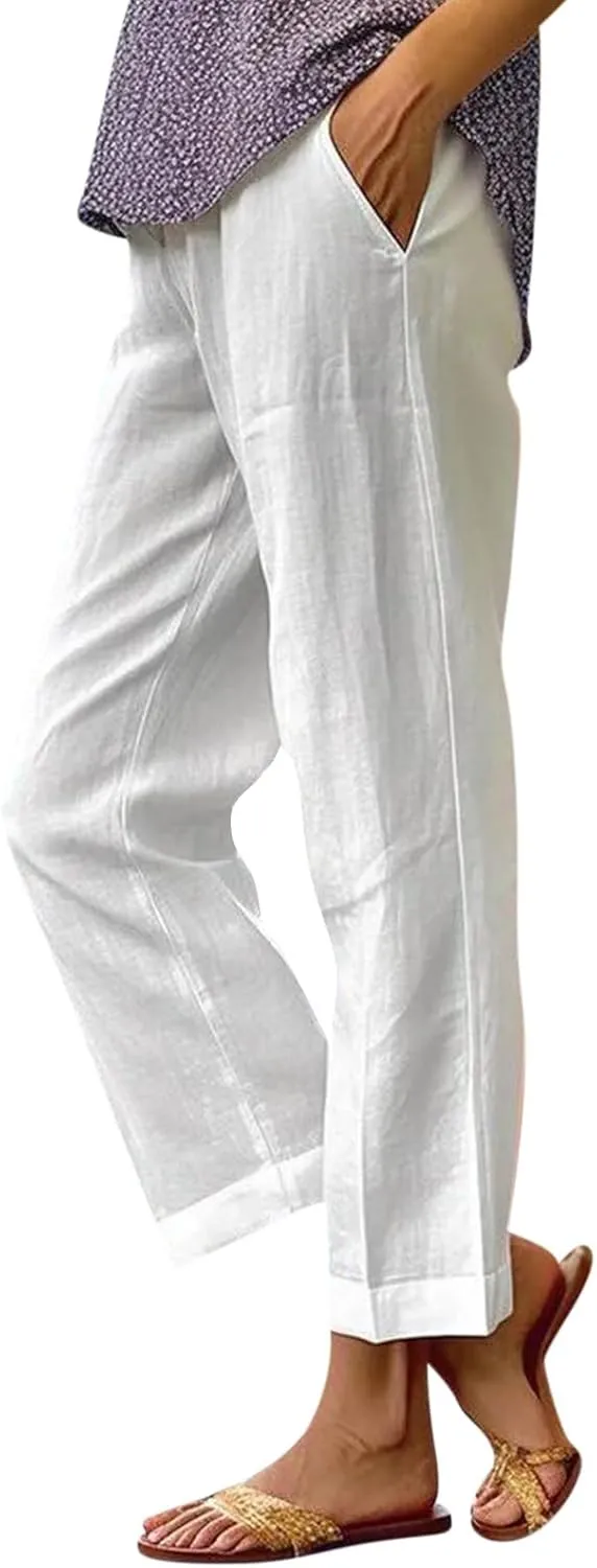 Cropped Linen Pants Women Summer Plus Size Straight Leg Crop Pants Elastic Waist Casual Beach Trousers with Pockets