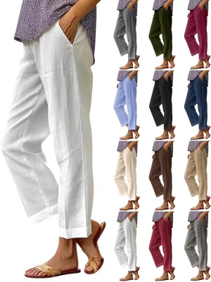 Cropped Linen Pants Women Summer Plus Size Straight Leg Crop Pants Elastic Waist Casual Beach Trousers with Pockets