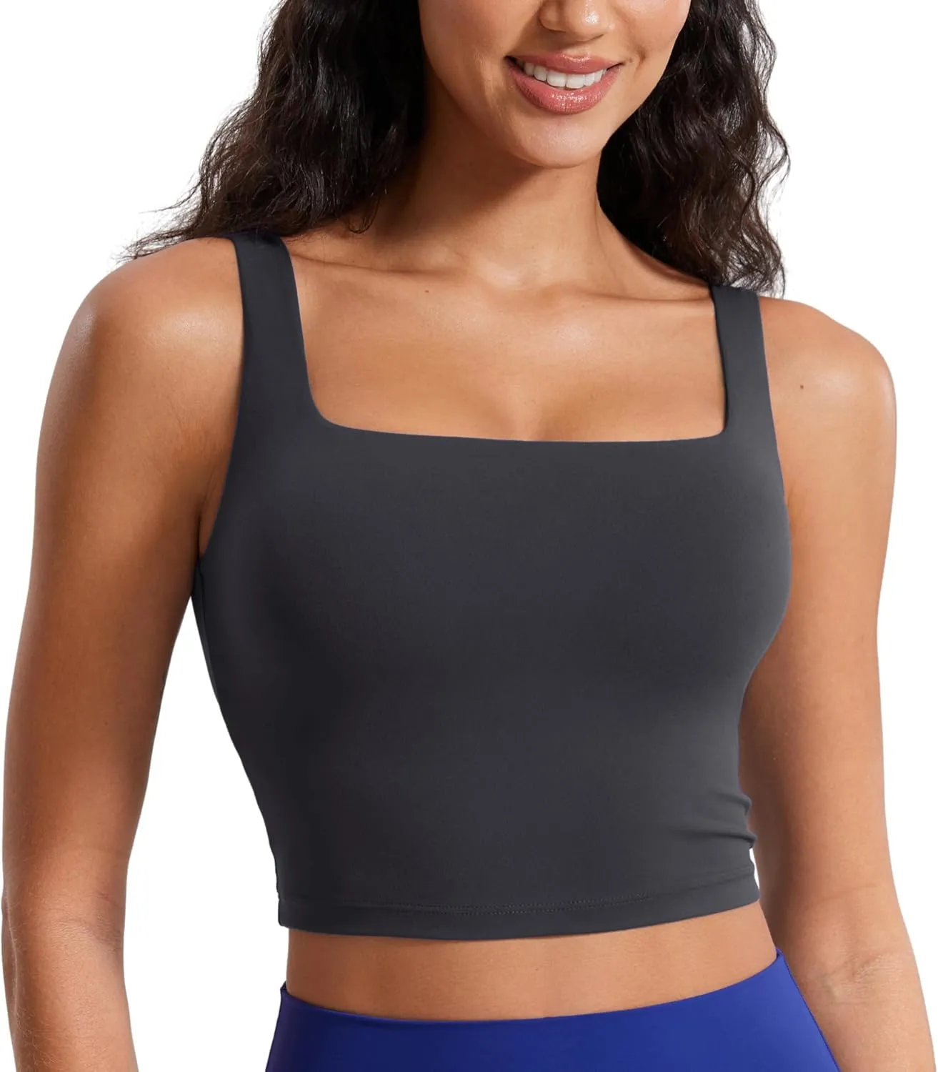 CRZ YOGA Butterluxe Womens Square Neck Longline Sports Bra - Workout Crop Tank Tops Padded Yoga Camisole with Built in Pads