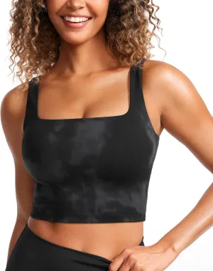 CRZ YOGA Butterluxe Womens Square Neck Longline Sports Bra - Workout Crop Tank Tops Padded Yoga Camisole with Built in Pads