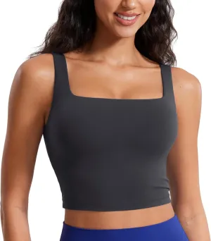 CRZ YOGA Butterluxe Womens Square Neck Longline Sports Bra - Workout Crop Tank Tops Padded Yoga Camisole with Built in Pads