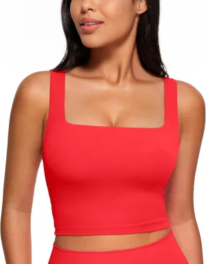 CRZ YOGA Butterluxe Womens Square Neck Longline Sports Bra - Workout Crop Tank Tops Padded Yoga Camisole with Built in Pads