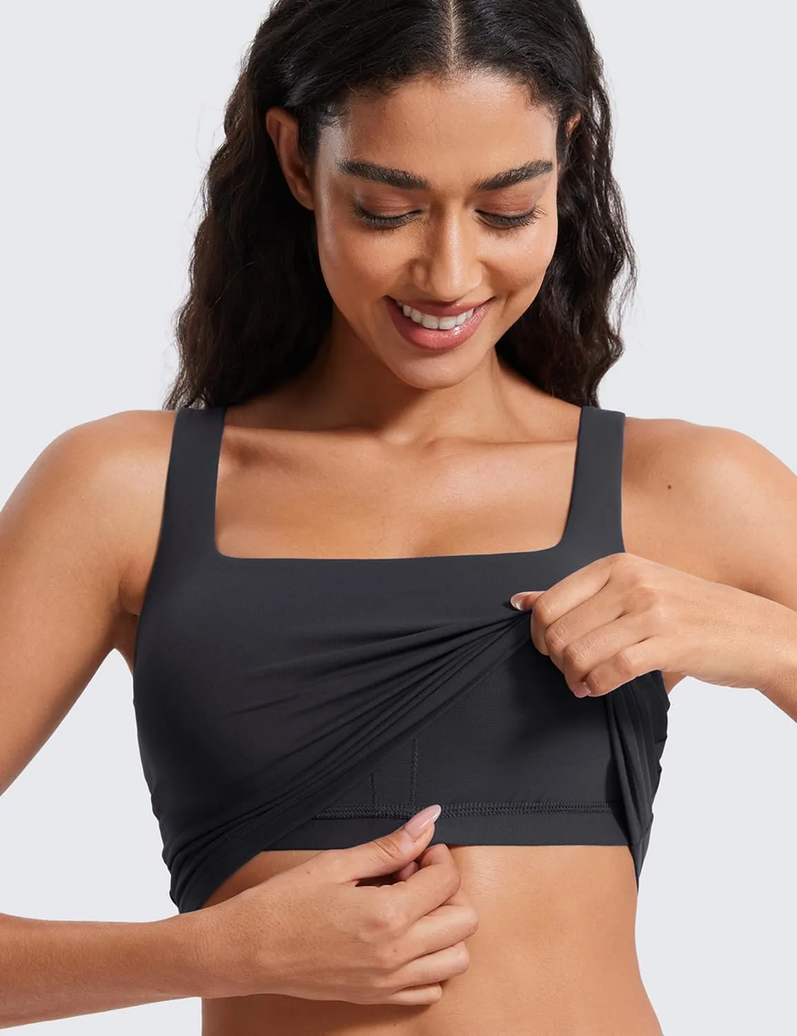 CRZ YOGA Butterluxe Womens Square Neck Longline Sports Bra - Workout Crop Tank Tops Padded Yoga Camisole with Built in Pads