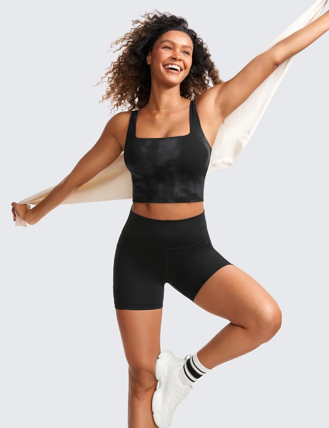 CRZ YOGA Butterluxe Womens Square Neck Longline Sports Bra - Workout Crop Tank Tops Padded Yoga Camisole with Built in Pads
